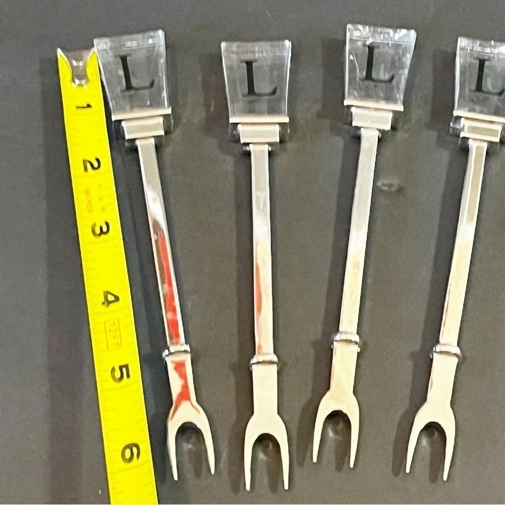 Vintage Cocktail Appetizer Forks Picks Acrylic Handle “L” Logo Stainless Set 4x